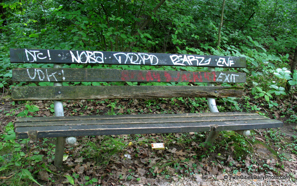 Found this graffiti weathered bench while walking along the river path at Minnehaha Falls.