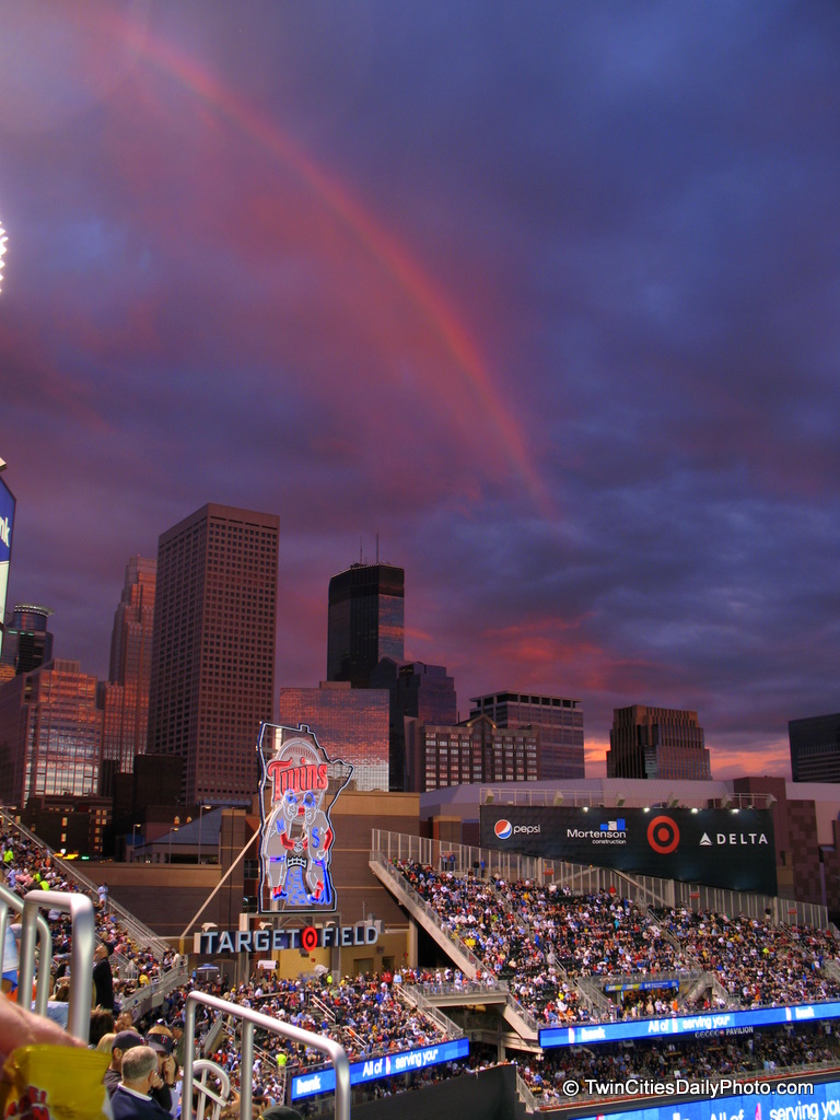 I made it to my first Minnesota Twins baseball game in our new outdoor stadium. During the course of the evening, I was present with this fabulous rainbow to take photos of, darn the luck!