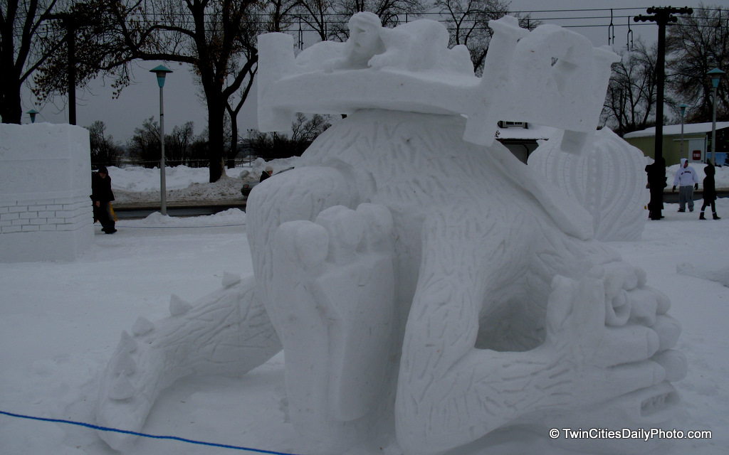 There really are monsters hiding under the bed. Another great snow sculpture from a local artist that was created during the St Paul Winter Carnival.